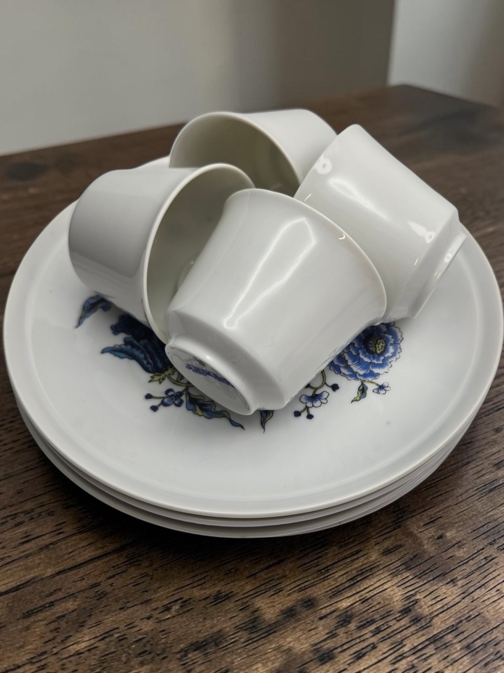 Vintage Shafford Blue Peony Snack Set for 4 Japanese Dessert Plates & Cups MCM